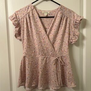 Monteau Light Pink Floral V-Neck Blouse